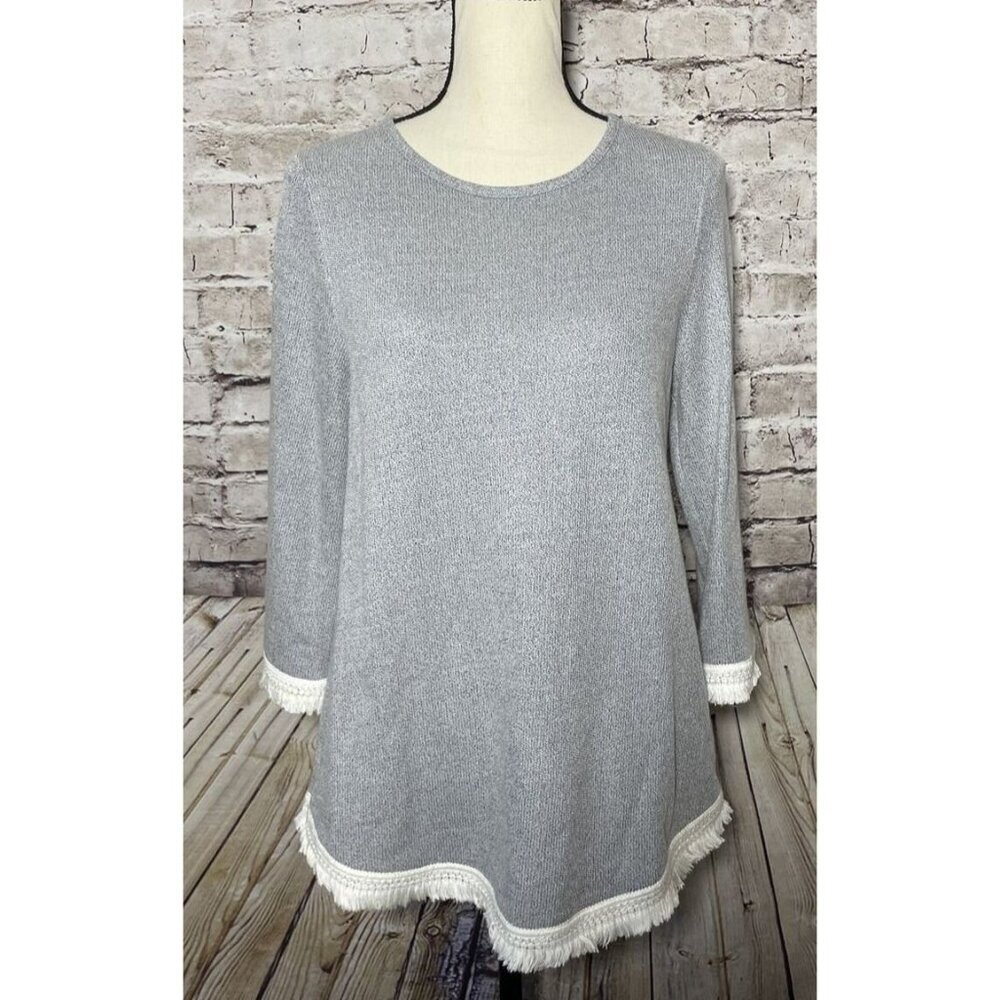 J Jill Gray 3/4 Sleeeve Shirt Fringe Edge Women’s‎ S Casual Neutral
